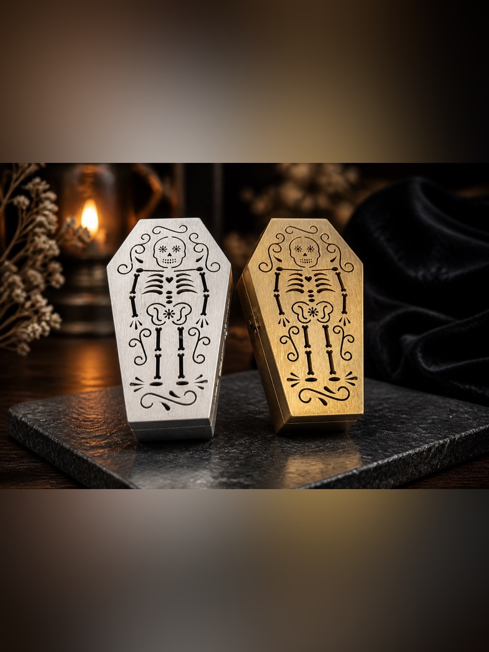 Wooden Coffin-Shaped Trinket Boxes in Silver & Gold w/ Skeleton Cutout - 2 pack